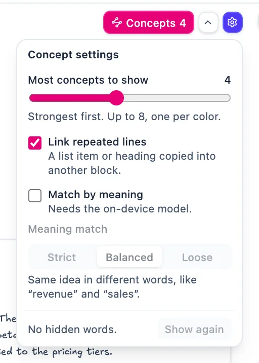 Concept settings: most concepts to show, link repeated lines, match by meaning, meaning-match sensitivity, and show hidden words again
