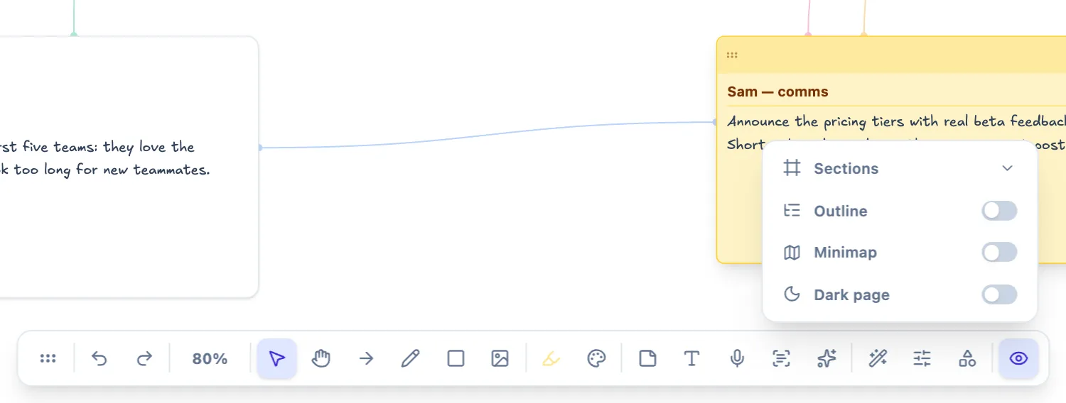 The View menu open from the toolbar: Sections, Outline, Minimap and Dark page toggles